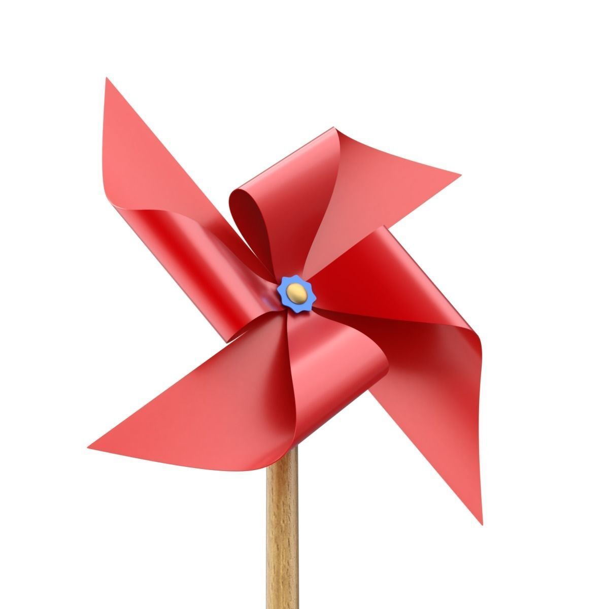 Pinwheel three colorful pinwheels on wooden stick 3D model_3