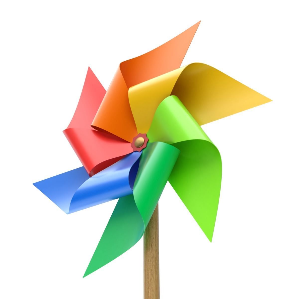 Pinwheel three colorful pinwheels on wooden stick 3D model_7