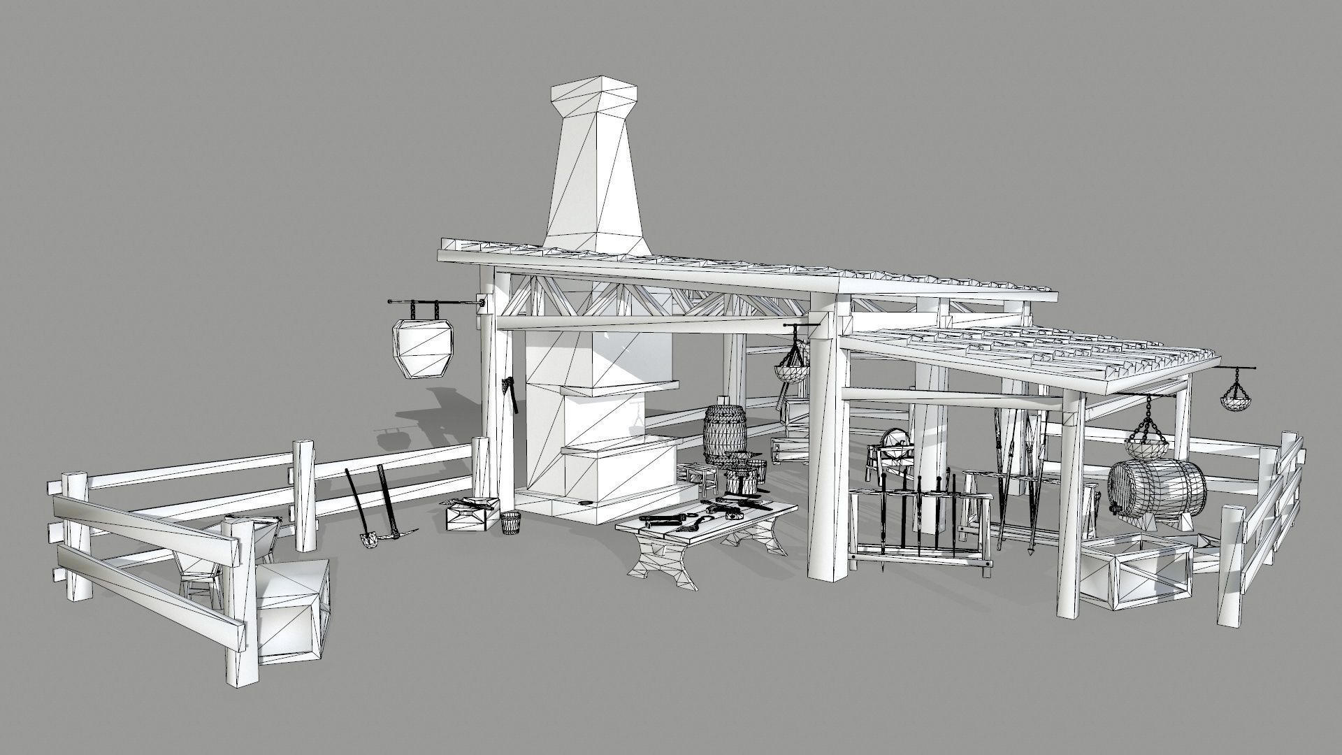 Medieval set metal bucket hanging from chain Low-poly 3D model_33