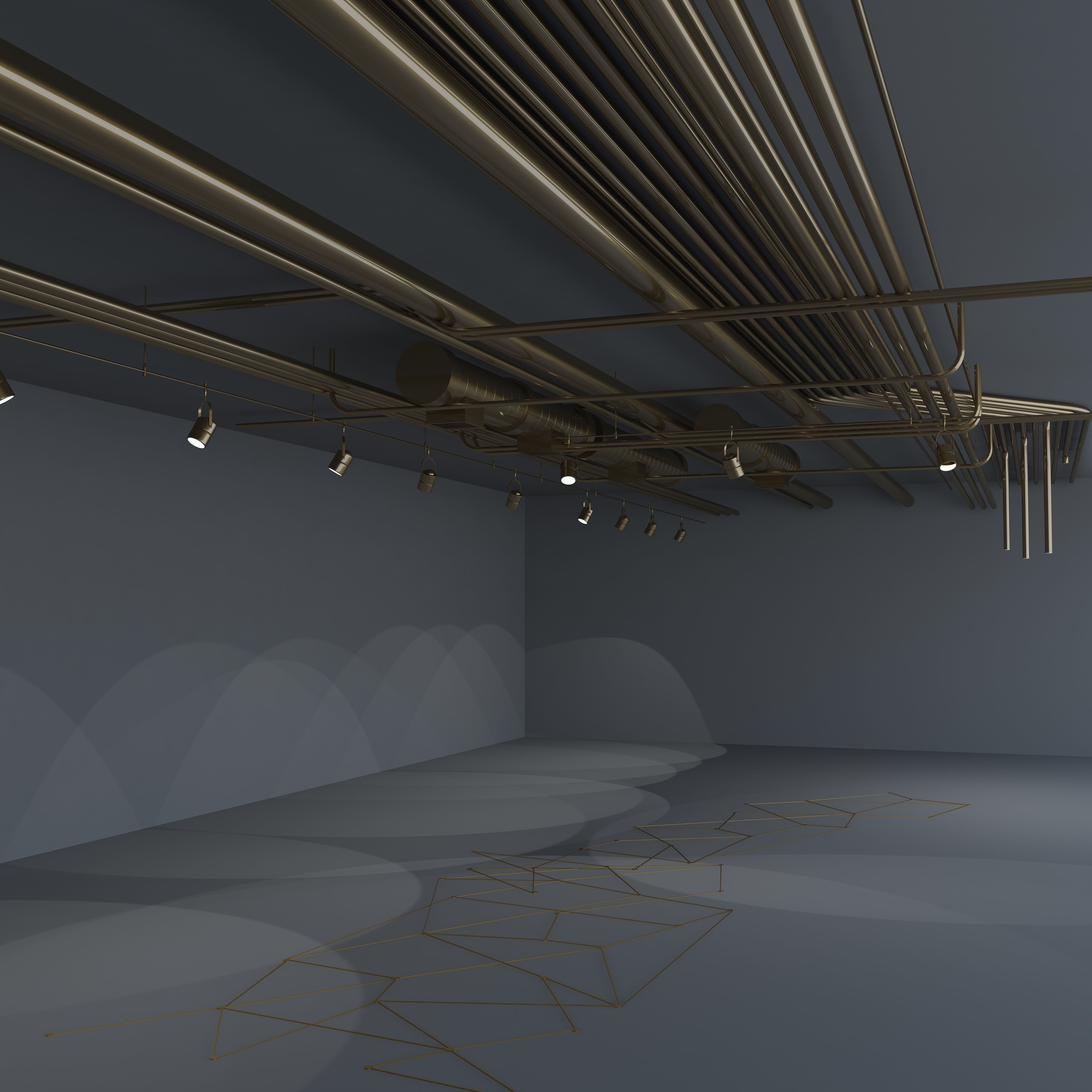 Pipes with beam lights and floor net decoration 3D model_1