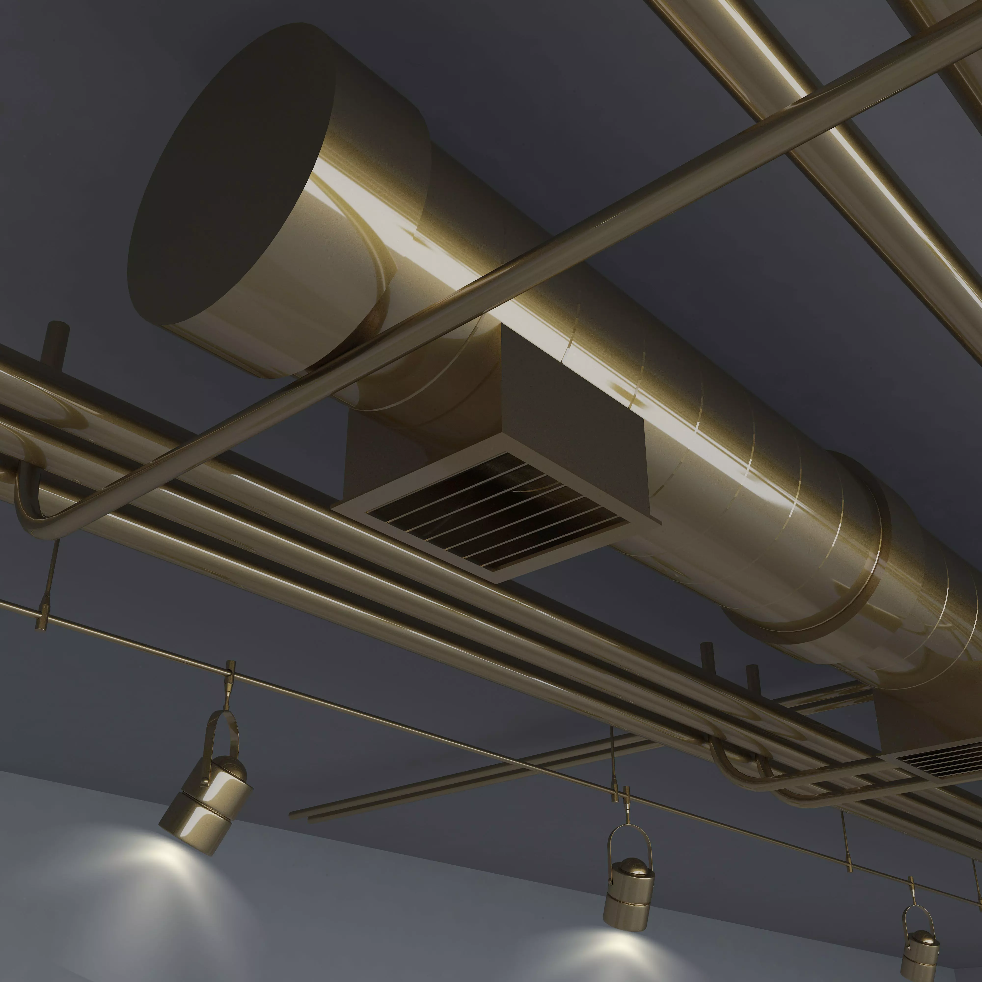 Pipes with beam lights and floor net decoration 3D model_0