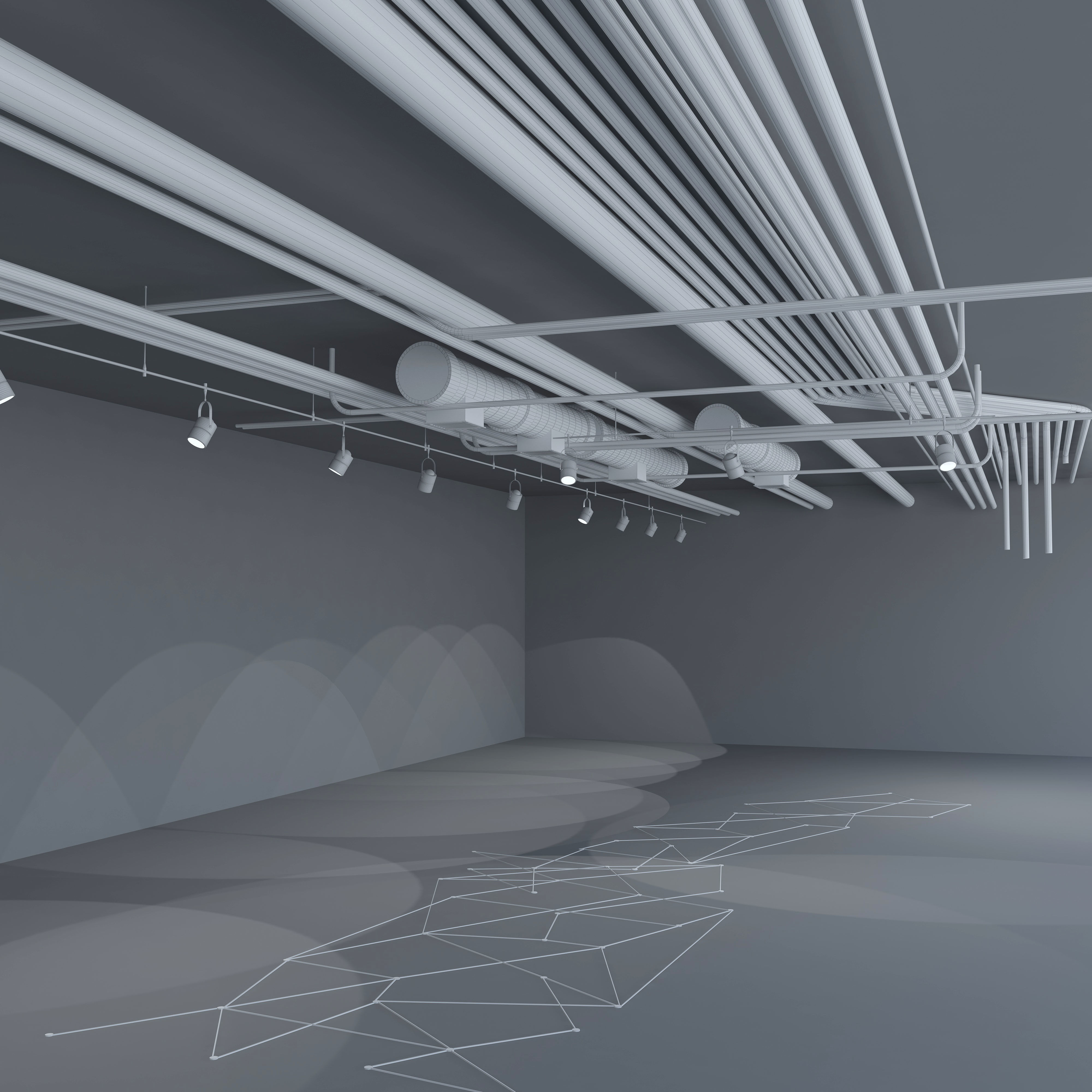 Pipes with beam lights and floor net decoration 3D model_2
