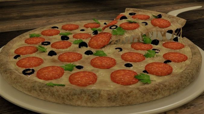 Pizza 3D model with pepperoni and olives 3D model