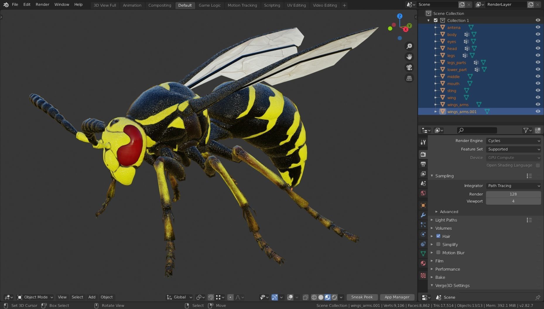 Wasp Insect Low-poly 3D model_7
