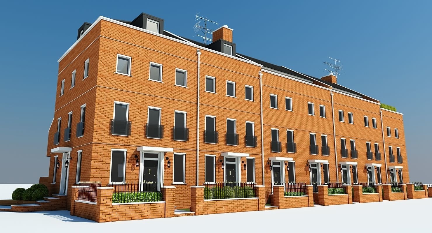 Terraced Town house Building 3D model_3