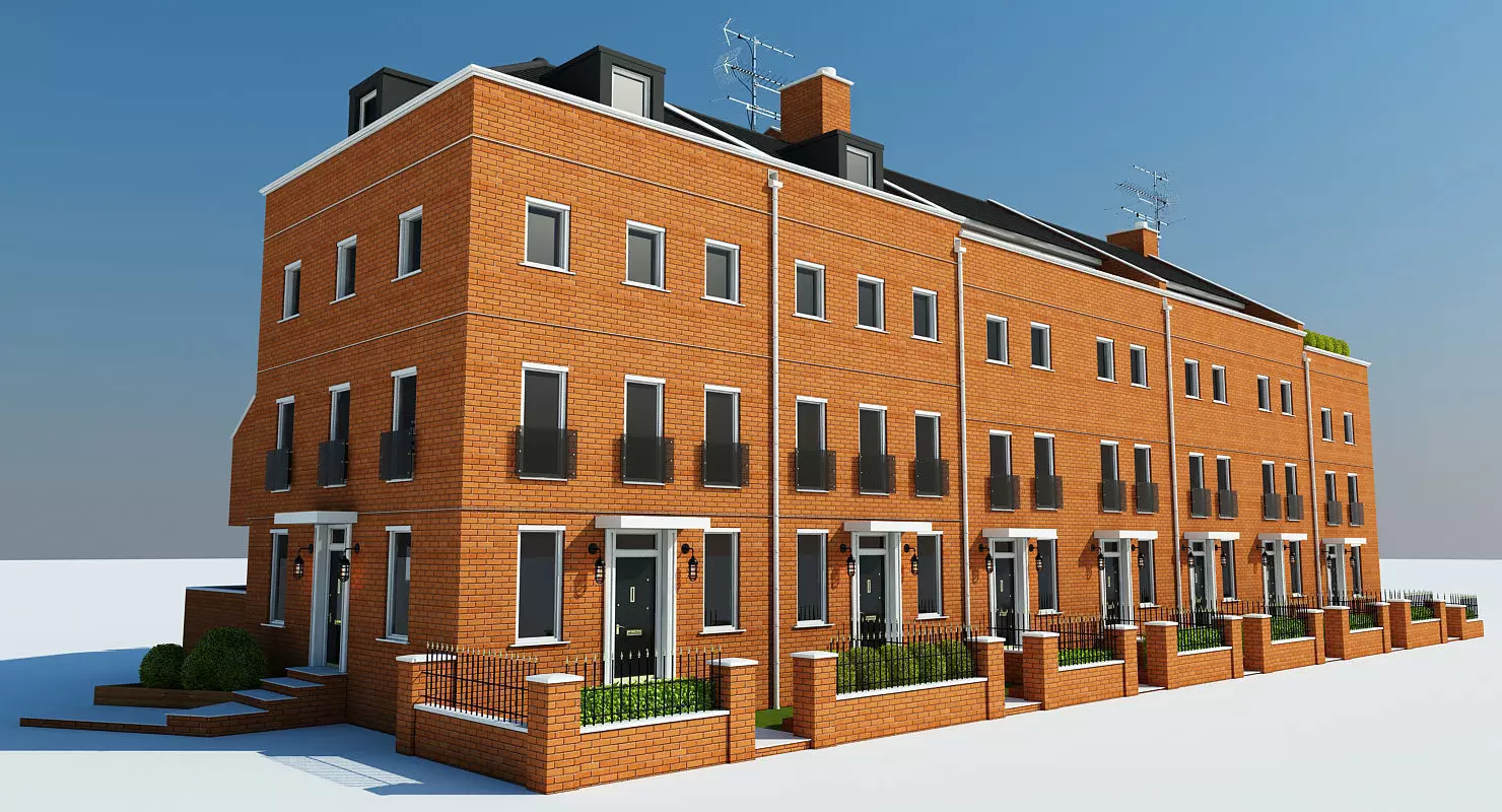 Terraced Town house Building 3D model_0