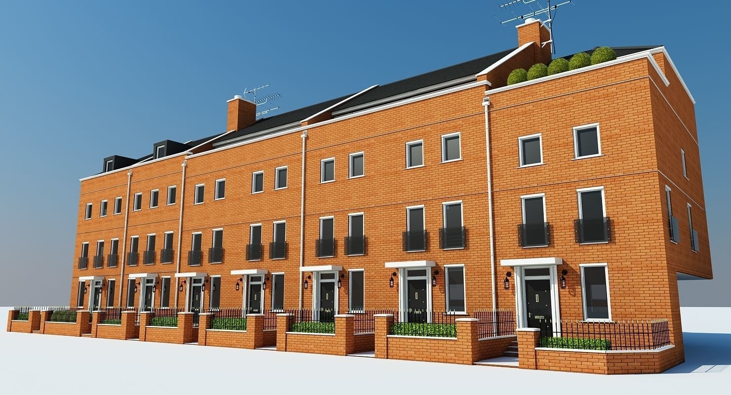 Terraced Town house Building 3D model_1
