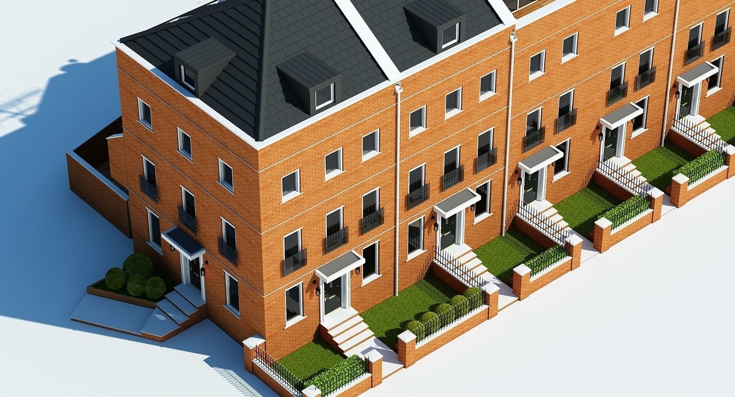 Terraced Town house Building 3D model_6