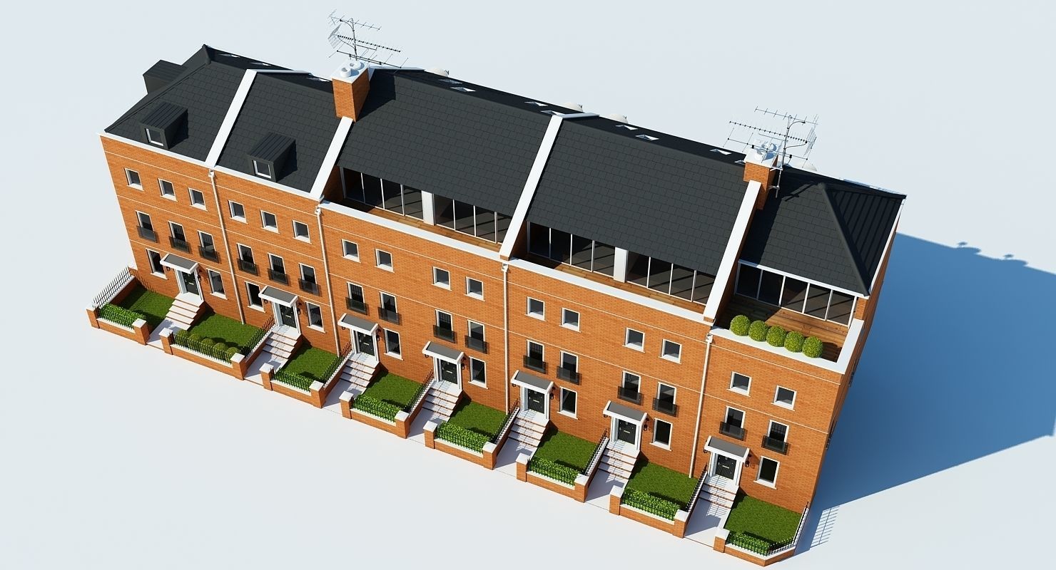 Terraced Town house Building 3D model_2