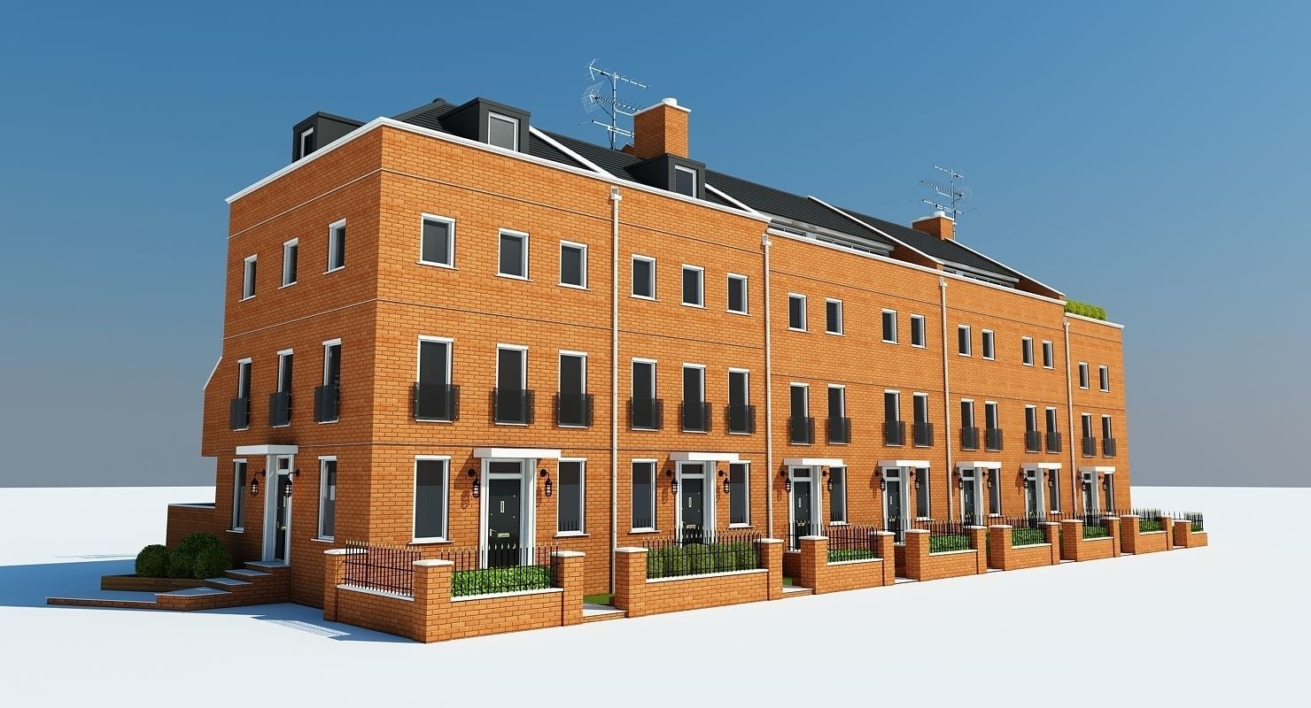 Terraced Town house Building 3D model_8