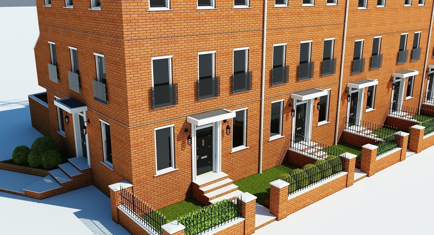 Terraced Town house Building 3D model_5
