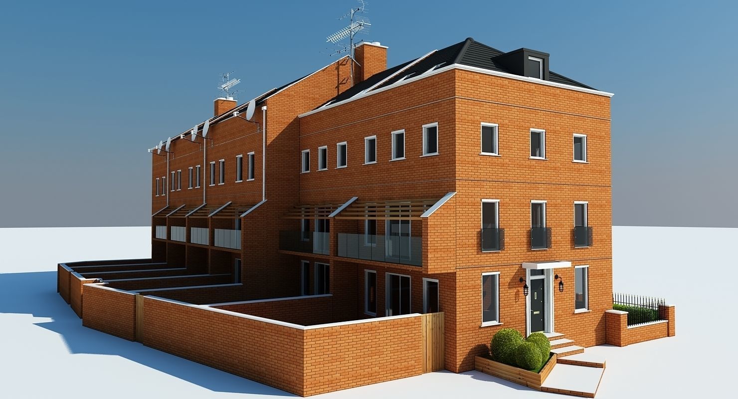 Terraced Town house Building 3D model_4