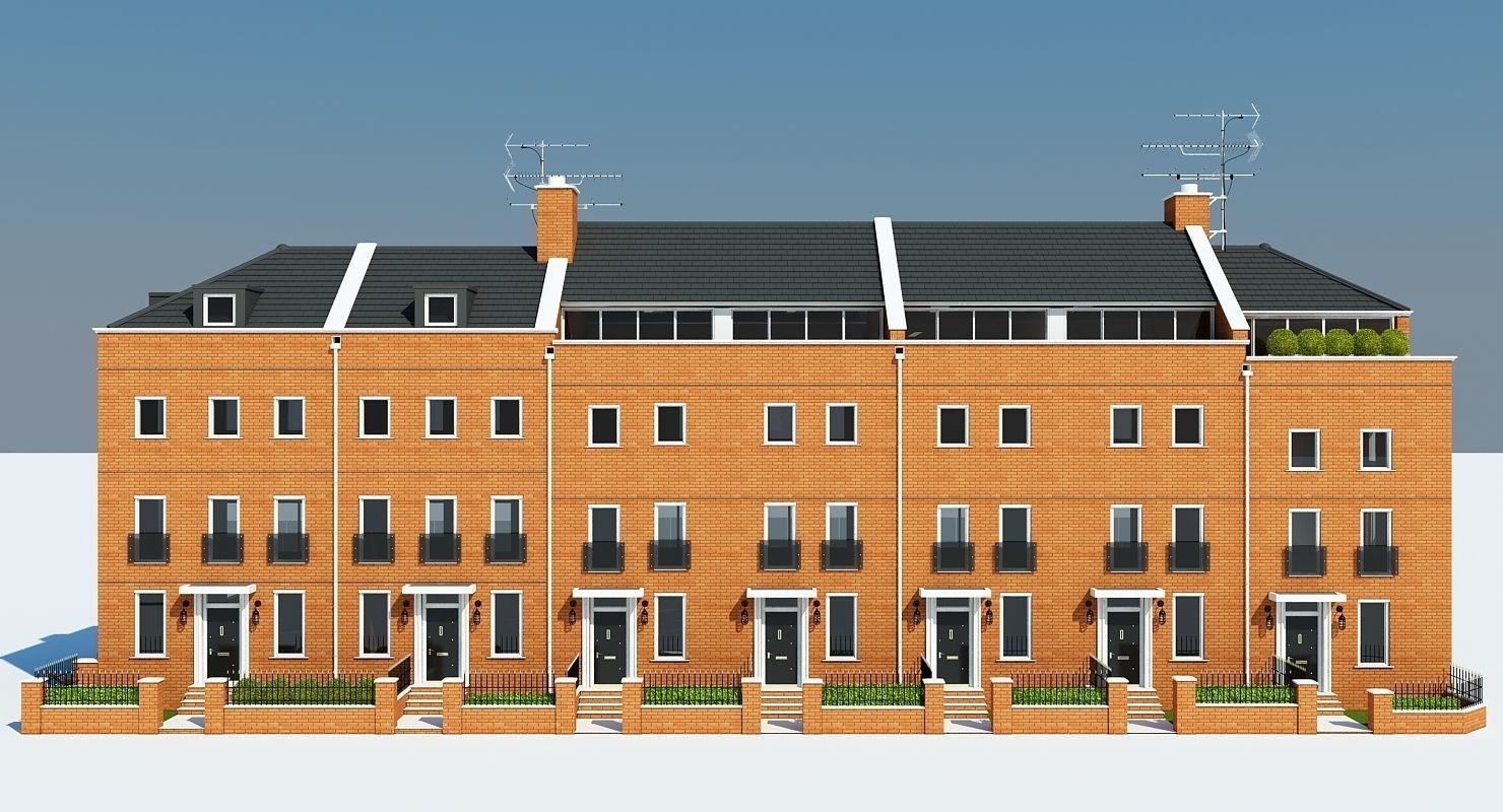 Terraced Town house Building 3D model_7