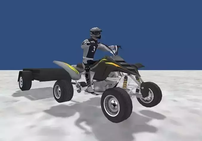 LowPolyQuadBikeWithTrailerandRider-3 person riding atv with t... Low-poly 3D model