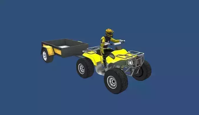 LowPolyQuadBikeWithTrailerandRider-5 atv with trailer Low-poly 3D model