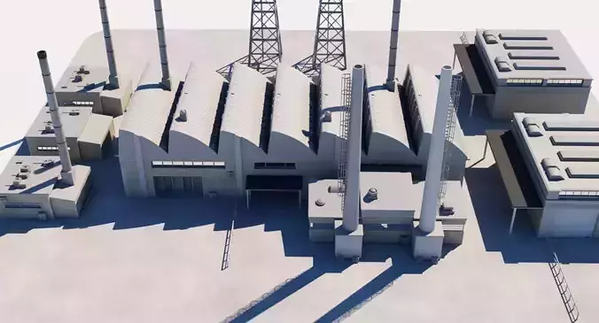 Factory 3D Model with smoke stacks and chimneys