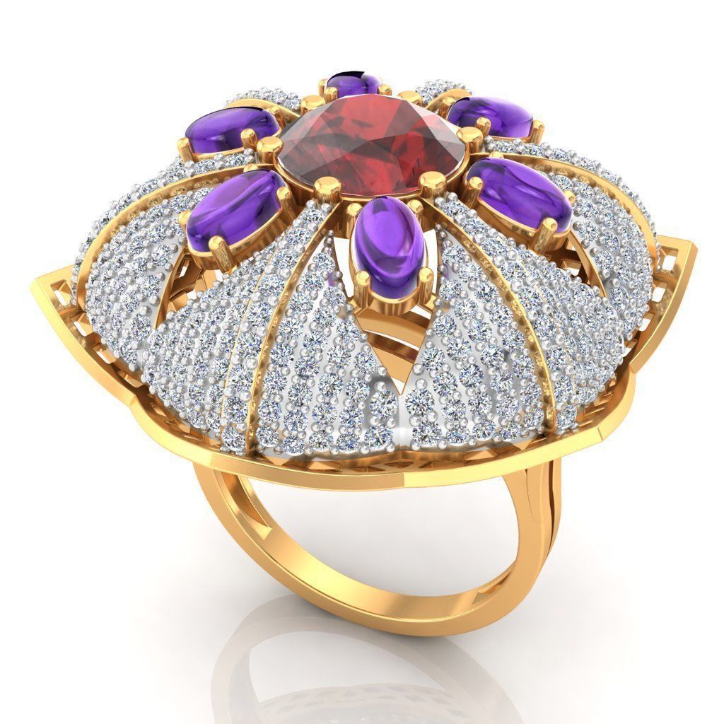 Large Golden Round Flower Ring With Gemstones 3D print model_1