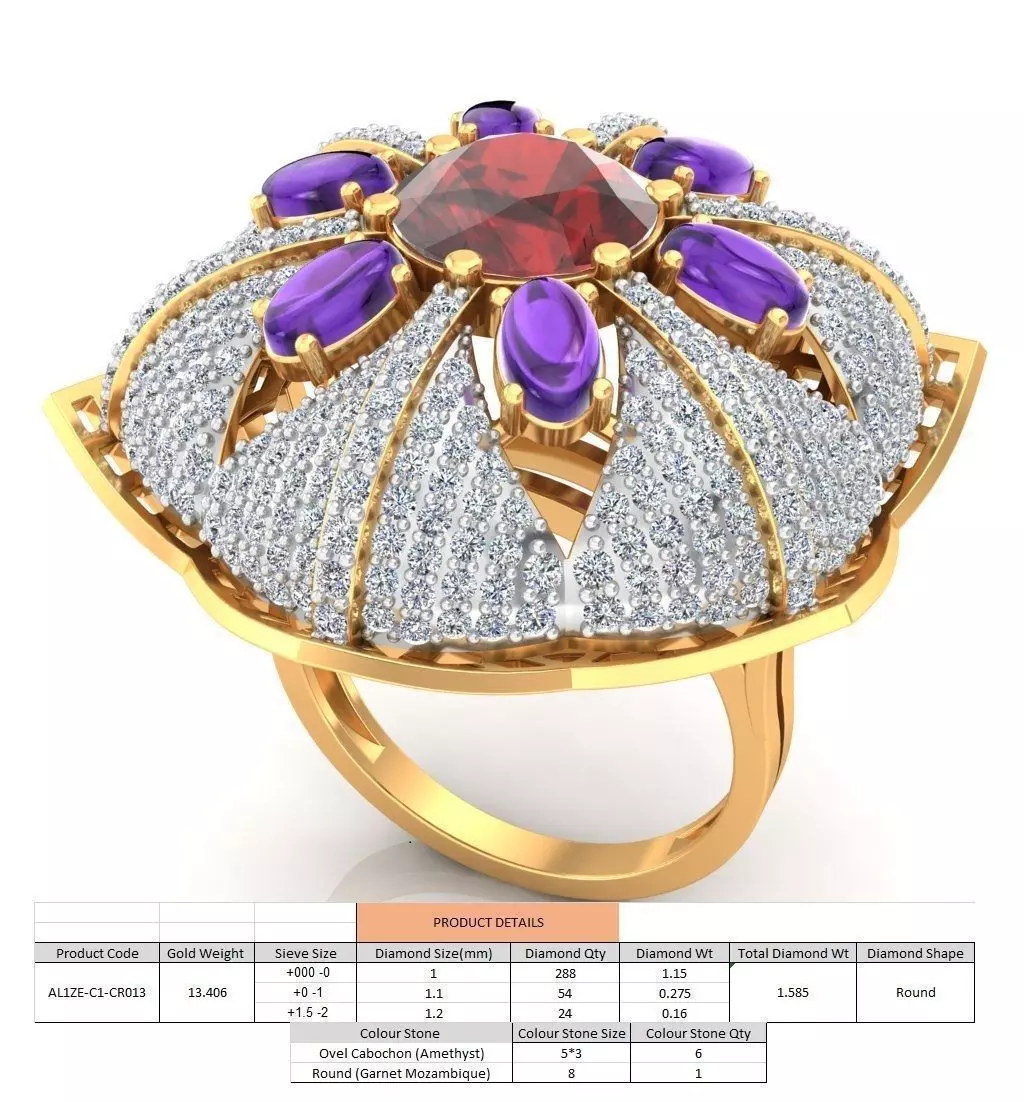 Large Golden Round Flower Ring With Gemstones 3D print model_0