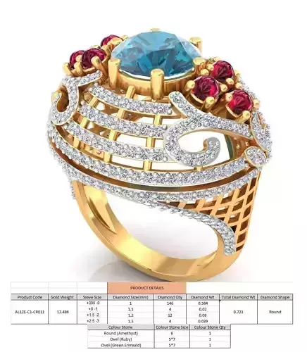 Large Oval Semisphere Shaped Ring With Gemstones