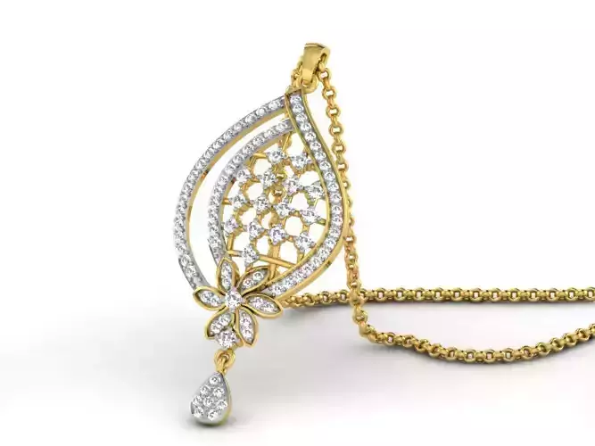 Leaf Shaped Golden Pendant With Diamonds