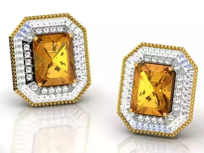 Octagonal Shape Halo Ear Studs With Gemstone