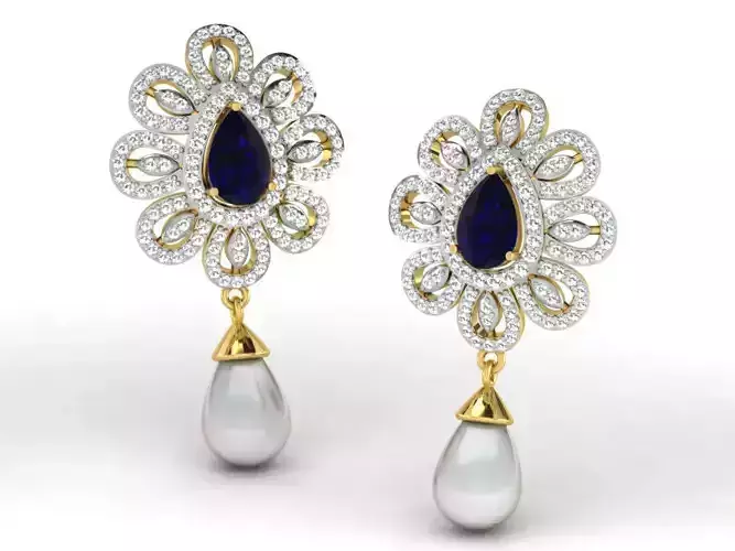 Flower Shaped Drop Earrings With Sapphire