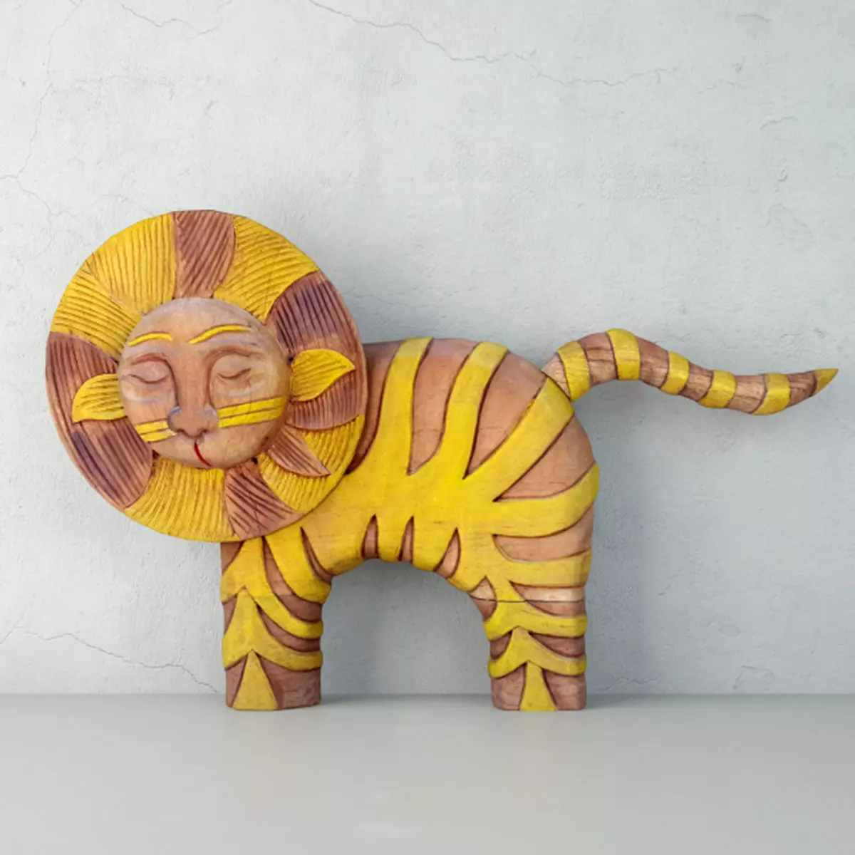 Hand Carved Wood Decorative Lion Statue 3D model_0