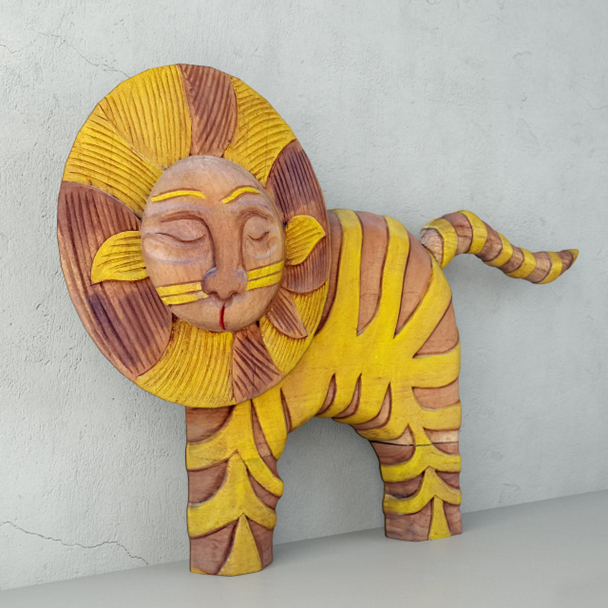 Hand Carved Wood Decorative Lion Statue 3D model_2
