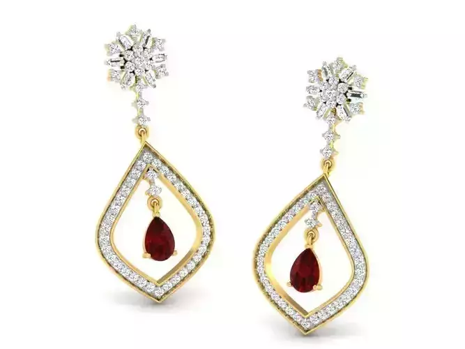 Leaf Shaped Drop Earrings With Ruby 3D print model