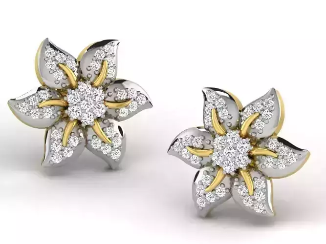 Golden Flower Shaped Ear Studs With Diamonds 1