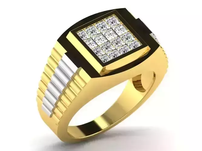 Golden Thick Grid Ring With Diamonds