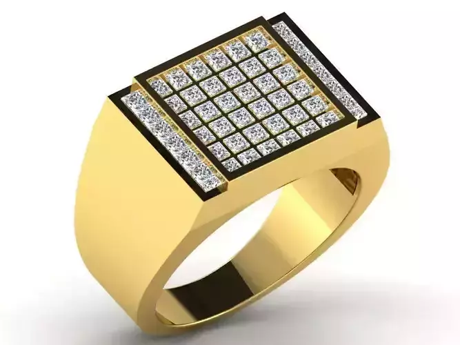 Thick Golden Grid Ring With Diamonds 