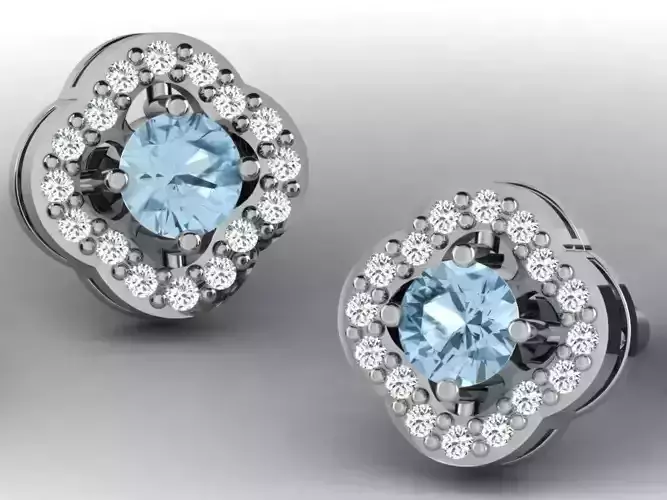 Flower Shaped Ear Studs With Diamonds and Gem