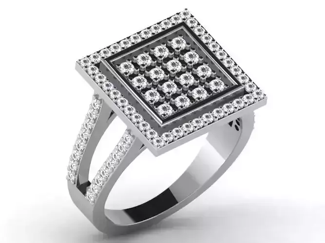 Square Silver Grid Ring With Diamonds