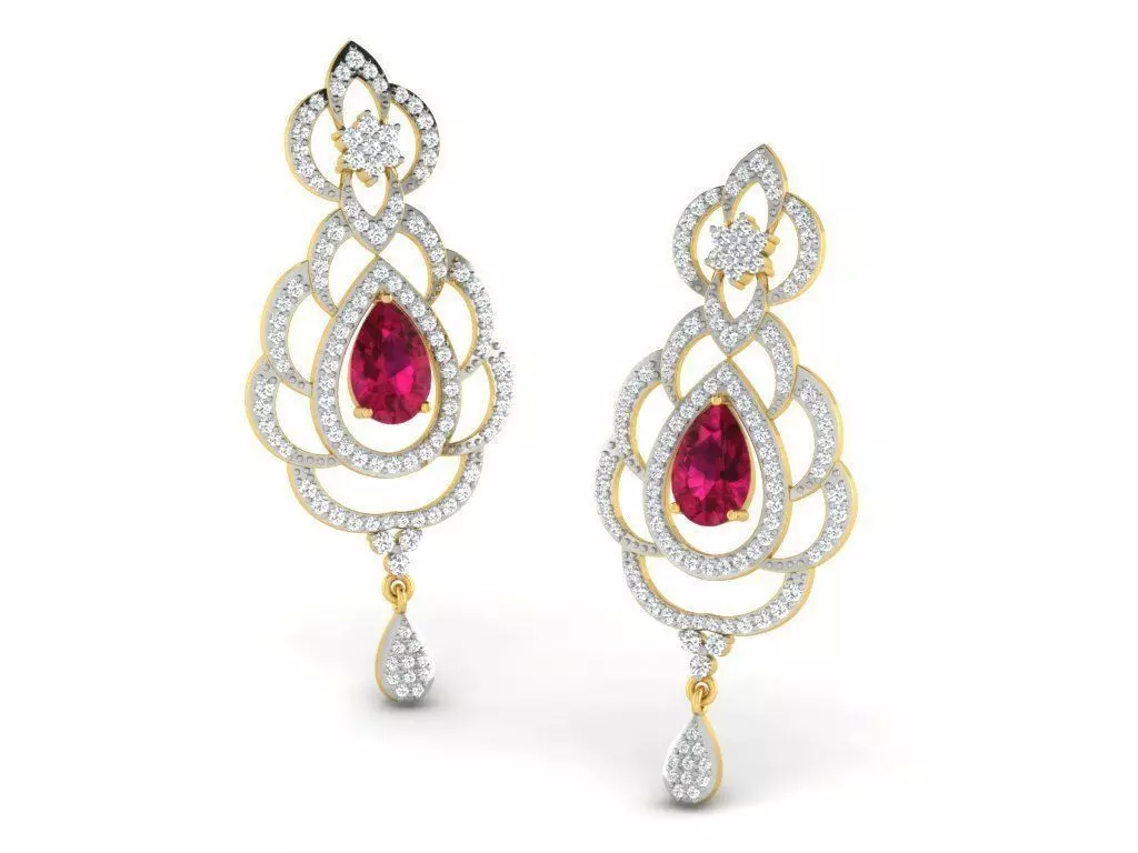 Floral Design Drop Earrings With Gem  3D print model_0