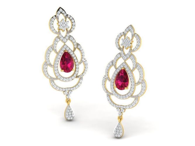Floral Design Drop Earrings With Gem  3D print model