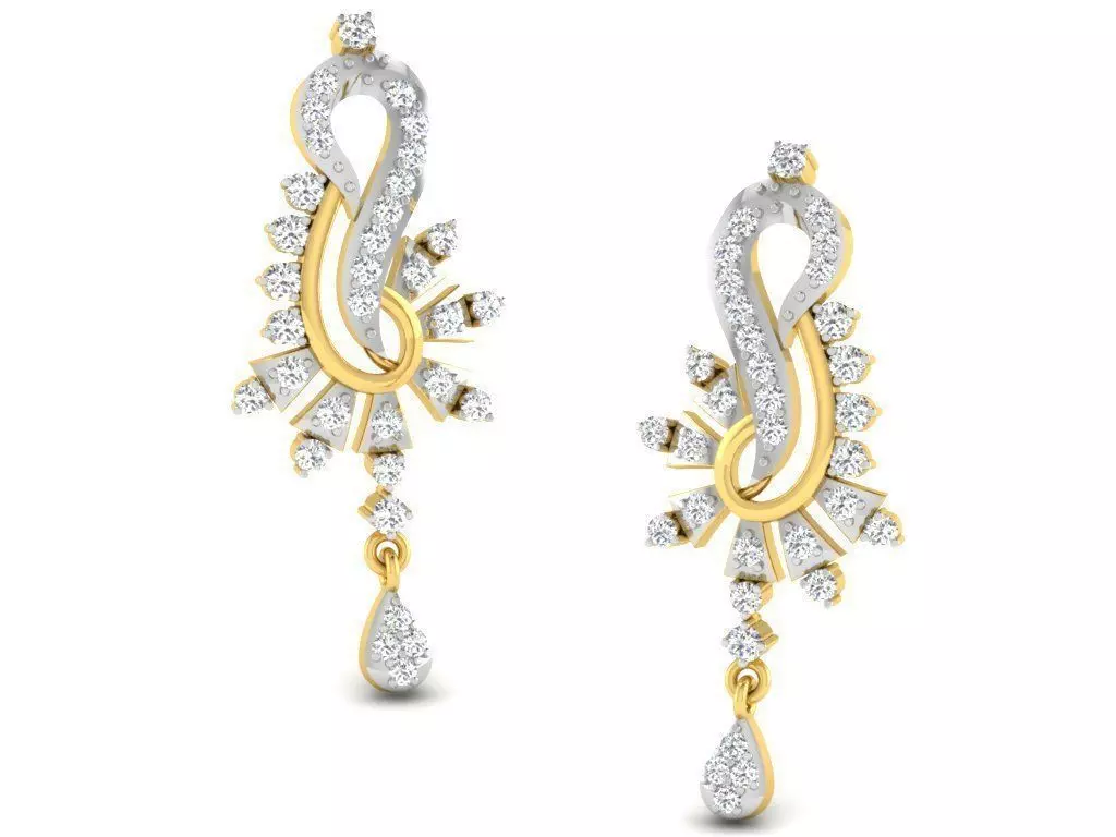 Swirl Flower Design Drop Earrings With Diamonds 3D print model_0