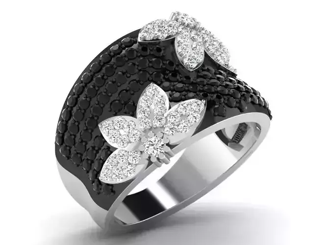 Wide Band Ring With Diamonds and Gem