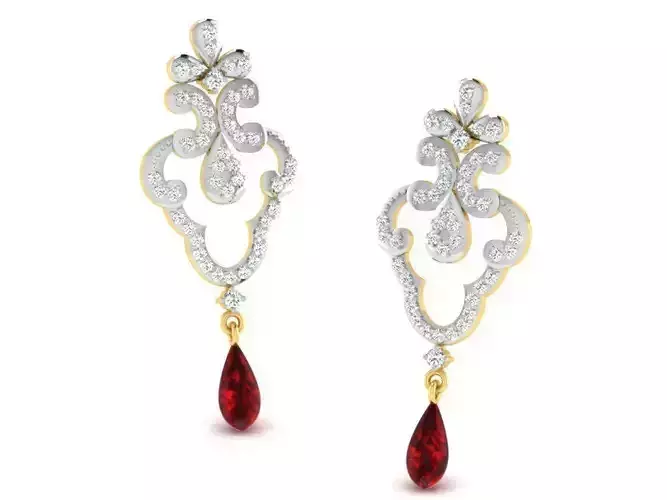 Floral Design Drop Earrings With Ruby