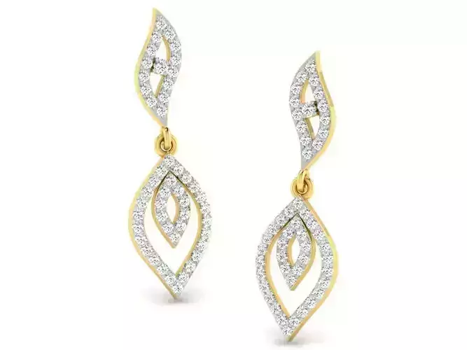 Leaf Shaped Golden Drop Earrings With Diamonds