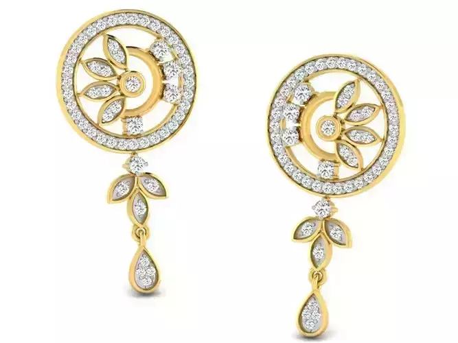 Round Shaped Golden Drop Earrings With Diamonds 2