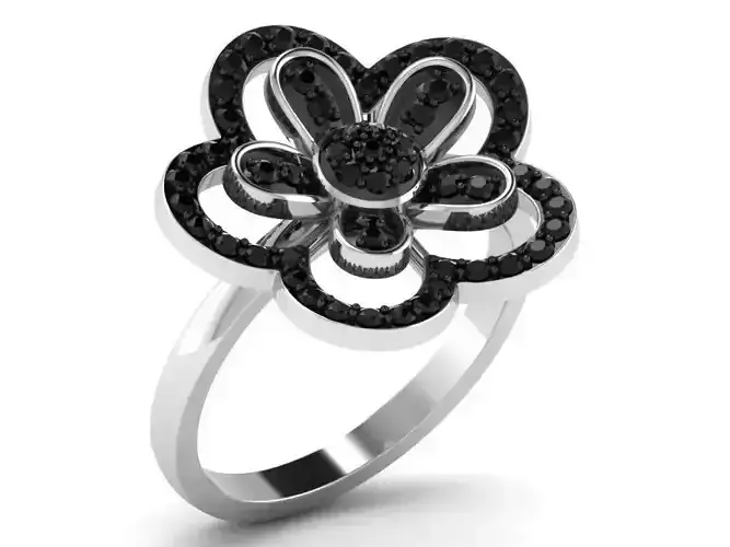 Flower Shaped Ring With Balck Gemstones