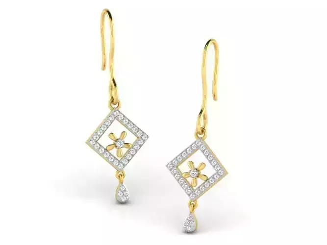 Square Golden Drop Earrings With Diamonds