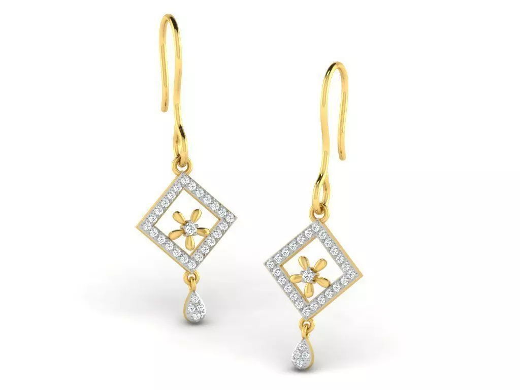 Square Golden Drop Earrings With Diamonds 3D print model_0