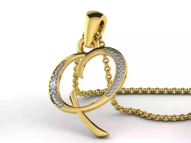 Letter Q Script Golden Pendant With Diamonds