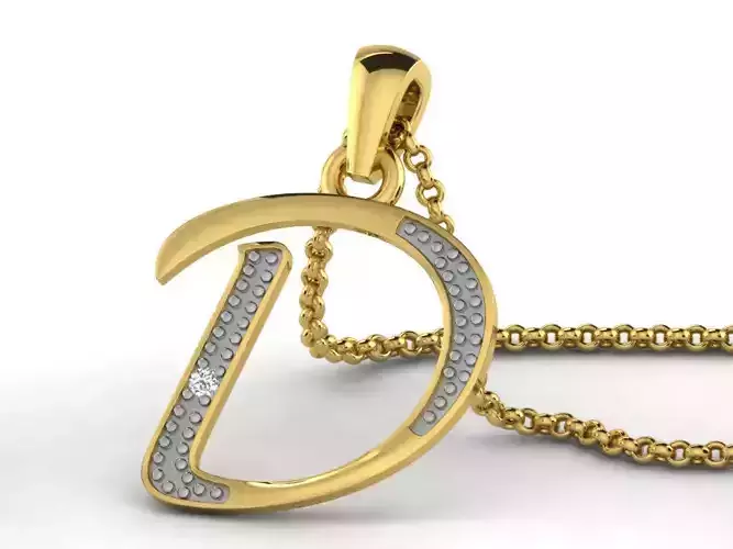Letter D Script Golden Pendant With Diamonds 3D print model