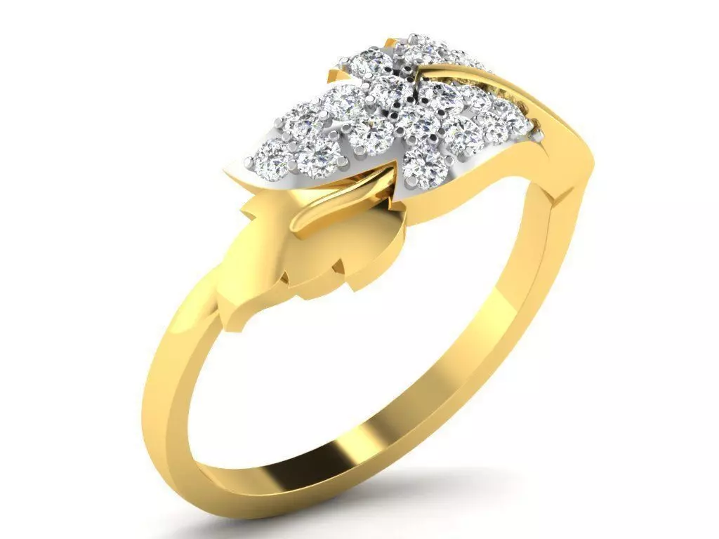 Golden Leaf Shaped Ring With Diamonds 3D print model