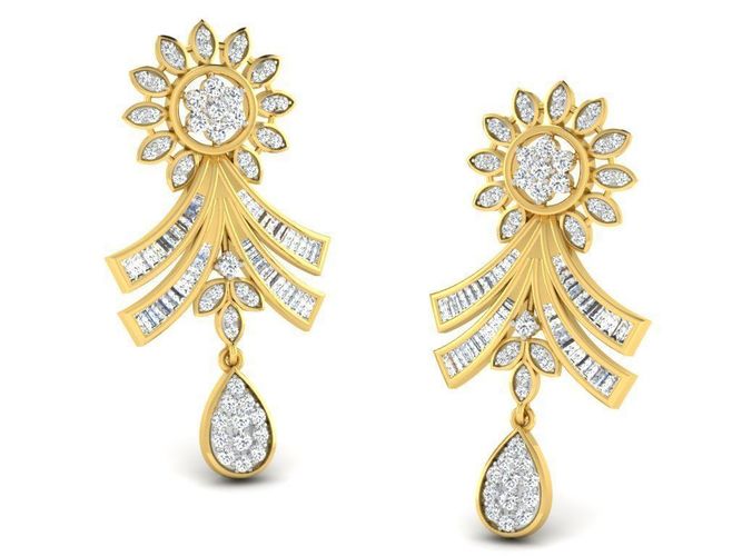 Flower Shape Golden Drop Earrings With Diamonds 3D print model