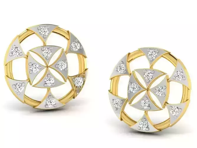 Round Shaped Golden Ear Studs With Diamonds