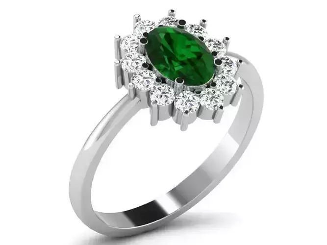 Silver Oval Flower Shape Ring with Emerald